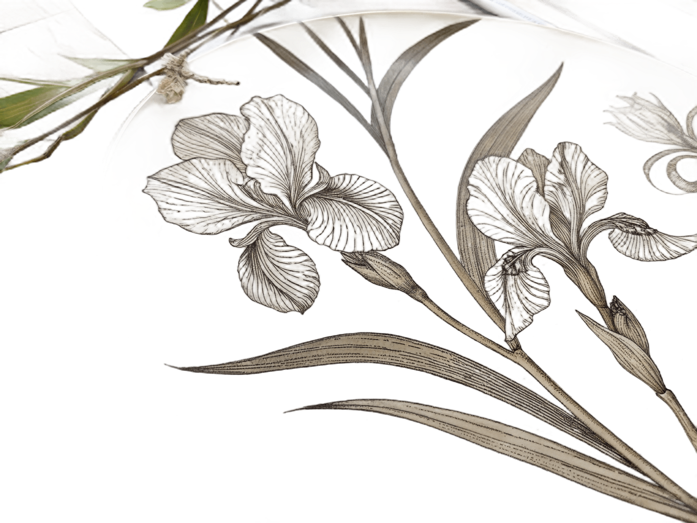 Composition d'iris : tiges et feuilles entrecroisées